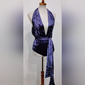 PURPLE CRUSHED VELVET HALTER BODY SUIT